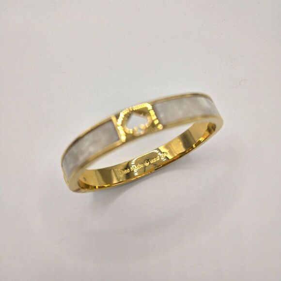 Kate Spade Gold-Tone Bangle Bracelet Mother Of Pearl Inlay Punch Spade - Picture 3 of 7